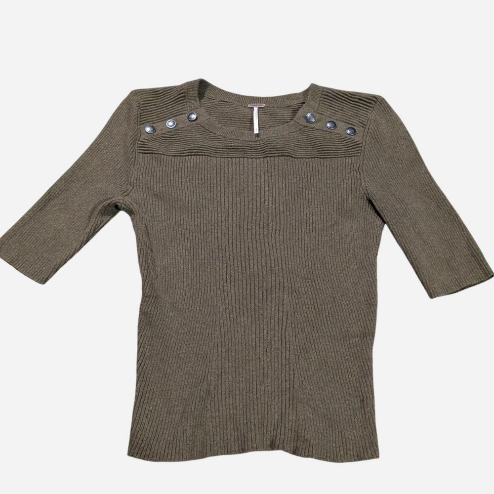 FREE PEOPLE Olive Green Ribbed Knit Top w/ Shoulder Buttons | Size M